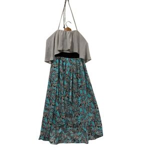 Under Skies Teal Tropical Leaf & Geometric Mixed Print Halter Midi Dress Medium